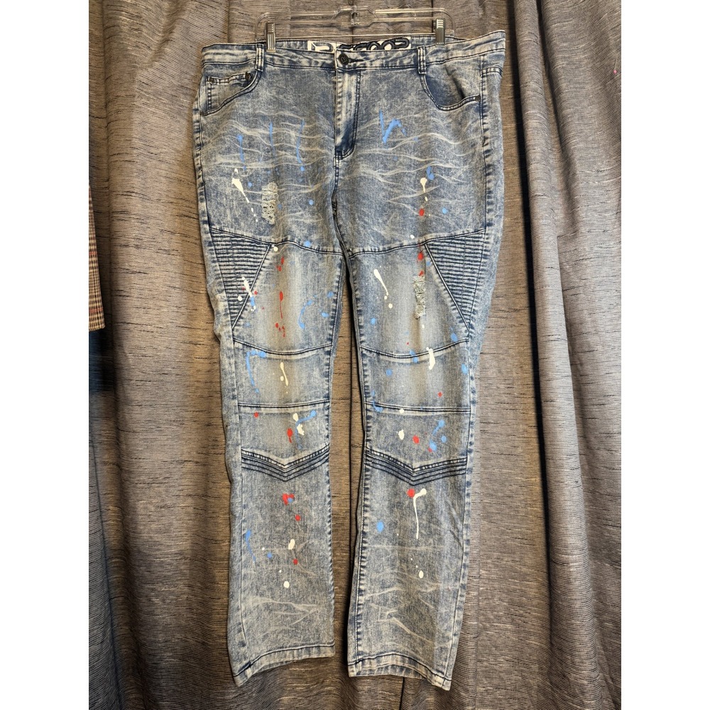 LR Scoop Men's Moto Jeans Acid Wash Distressed‎ Paint Splatter Denim Blue 40x32
